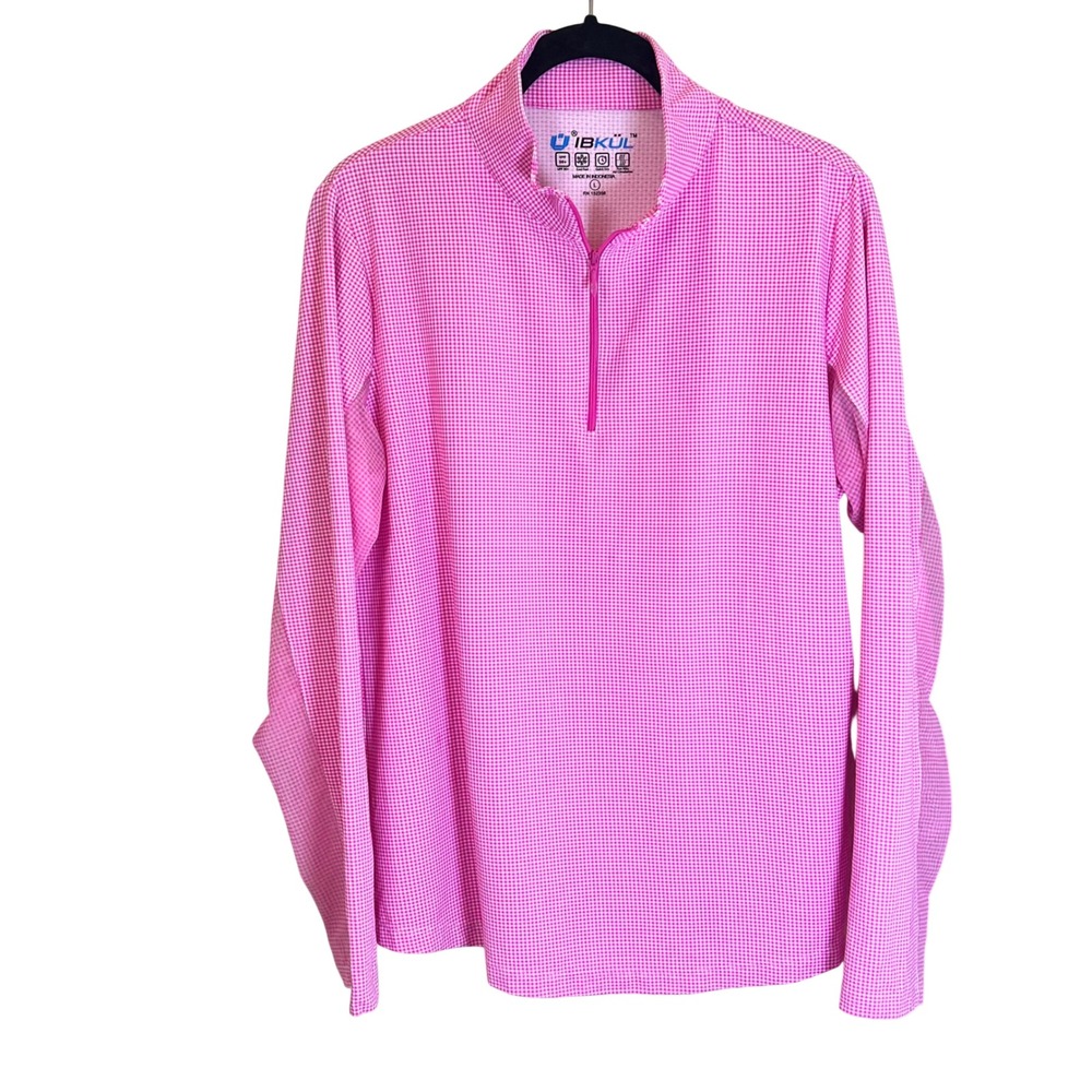 IBKUL Womens Pink Gingham IceFil UPF 50+ Quarter Zip Long Sleeve Sun Shirt L